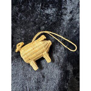 Vintage Handwoven Straw Pig-Shaped Ornament With Braided Loop For Hanging